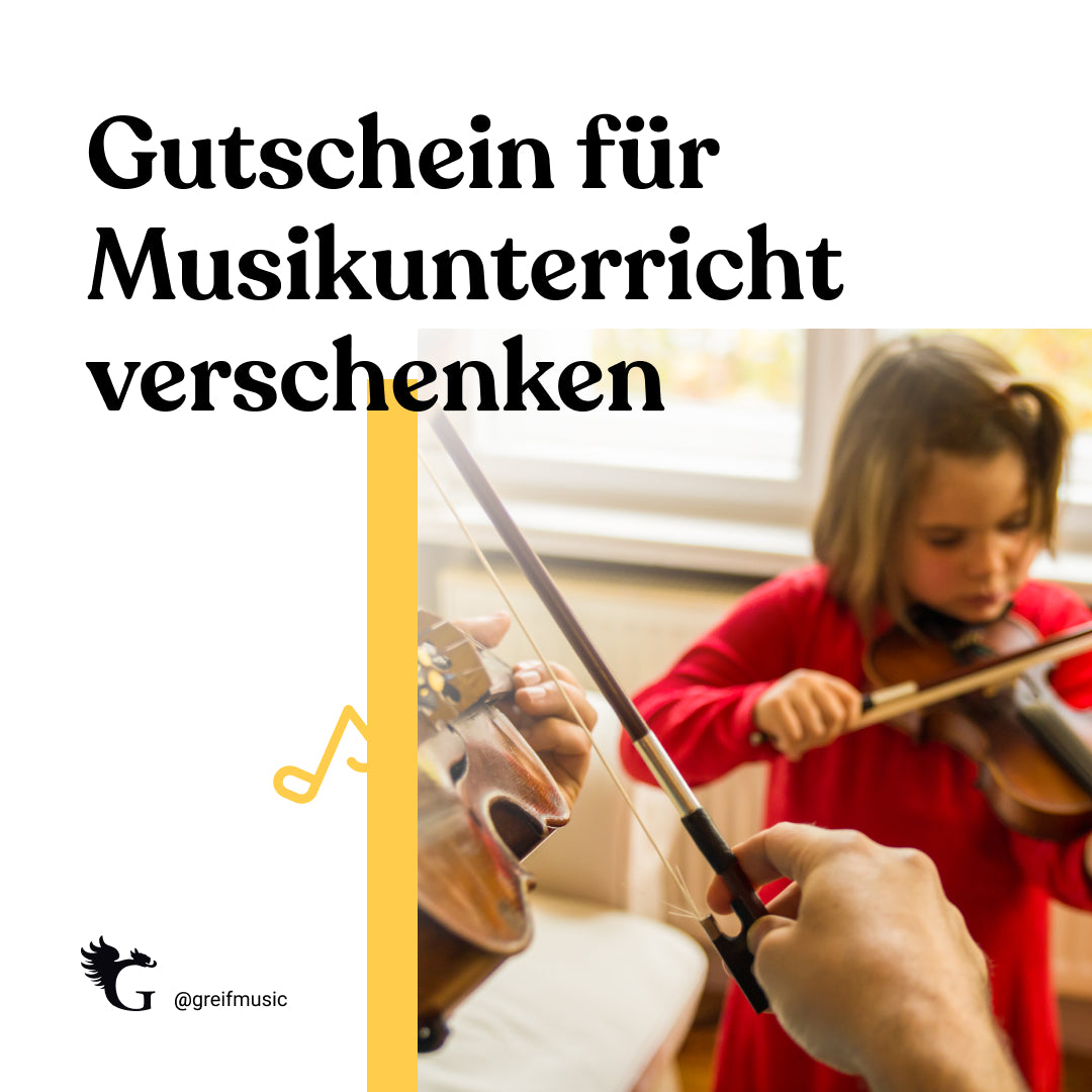 Gutschein für Musikunterricht. Ein junges Mädchen mit Geige beim Geigenunterricht. Aus der Perspektive der Geigenlehrkraft.