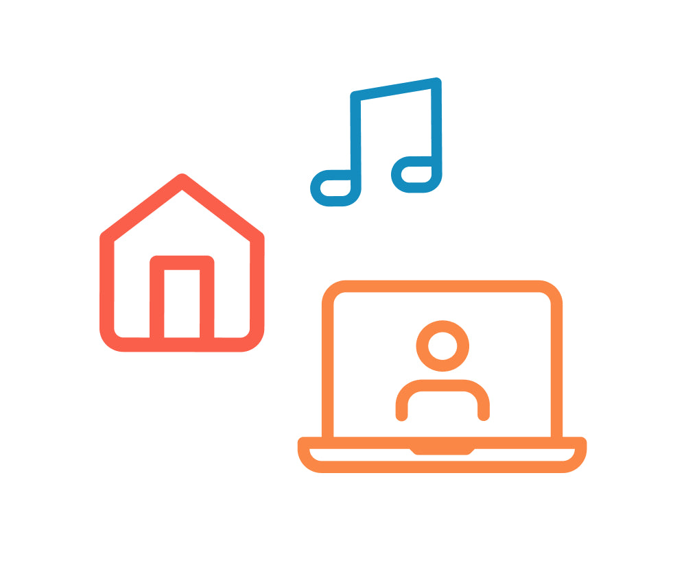 Musikunterricht zu Hause. Zu sehen sind drei Icons. Ein Haus, ein Laptop und eine Achtel- Note.